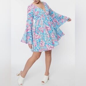 Unique Vintage Blue & Pink Flower Wower Babydoll Dress